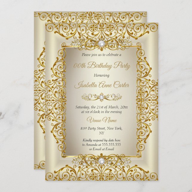 Elegant Gold Cream Pearl Photo Birthday Party Invitation (Front/Back)