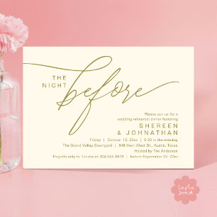 Elegant Gold Cream Script Wedding Rehearsal Dinner Invitation