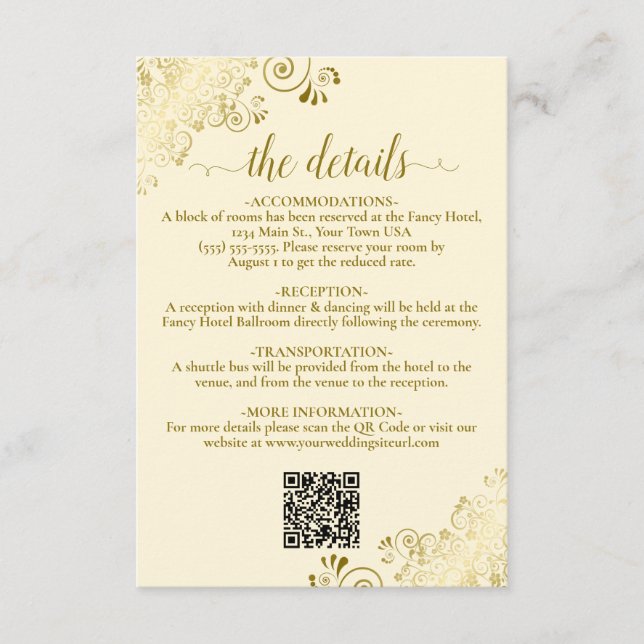 Elegant Gold & Cream Wedding QR Code Details Enclosure Card (Front)