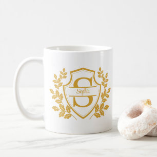 Elegant Gold Crest Monogram and Name Split Letter Coffee Mug