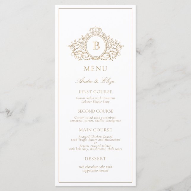 Elegant Gold Crest Monogram Custom Wedding Menu (Front)