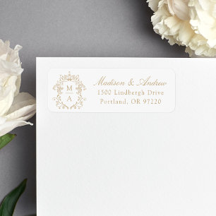Elegant Gold Crest Monogram Wedding Return Address Label