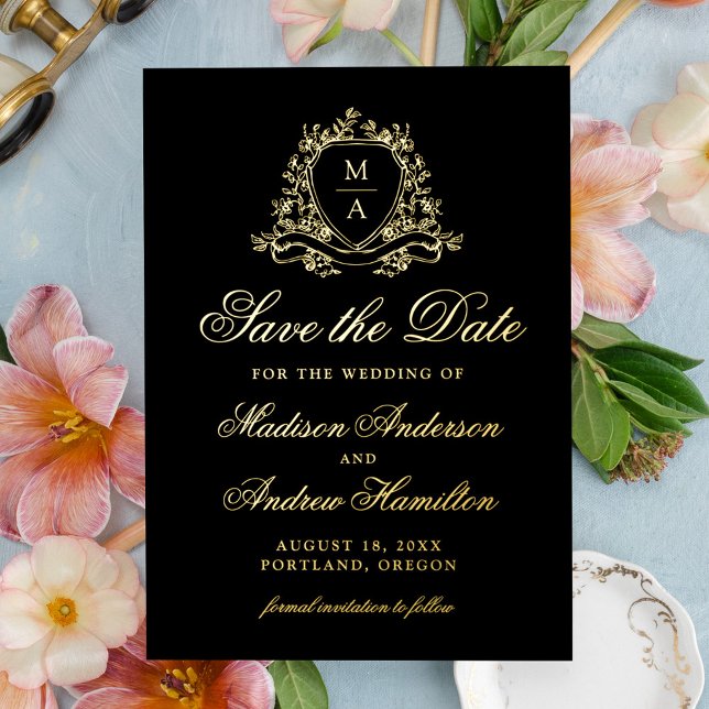 Elegant Gold Crest Monogram Wedding Save The Date (Creator Uploaded)