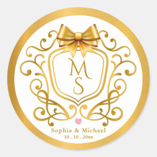 Elegant Gold Crest Vintage Monogram Wedding Favour Classic Round Sticker