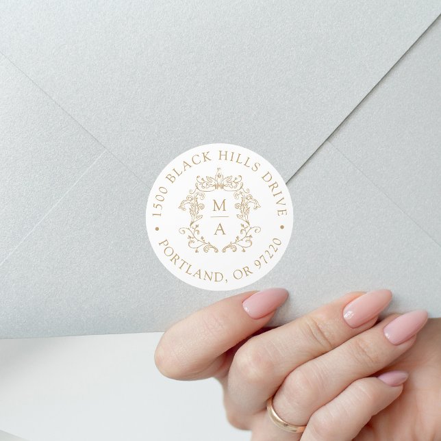 Elegant Gold Crest Wedding Return Address Classic Round Sticker (Creator Uploaded)