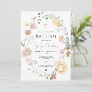 Elegant Gold Cross and blush flowers girl Baptism Invitation