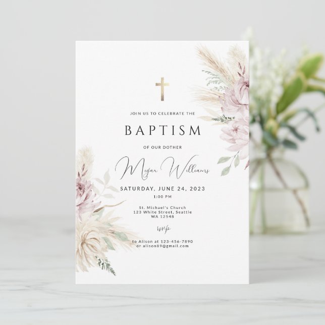 Elegant Gold Cross and pink flowers boho Baptism Invitation (Standing Front)