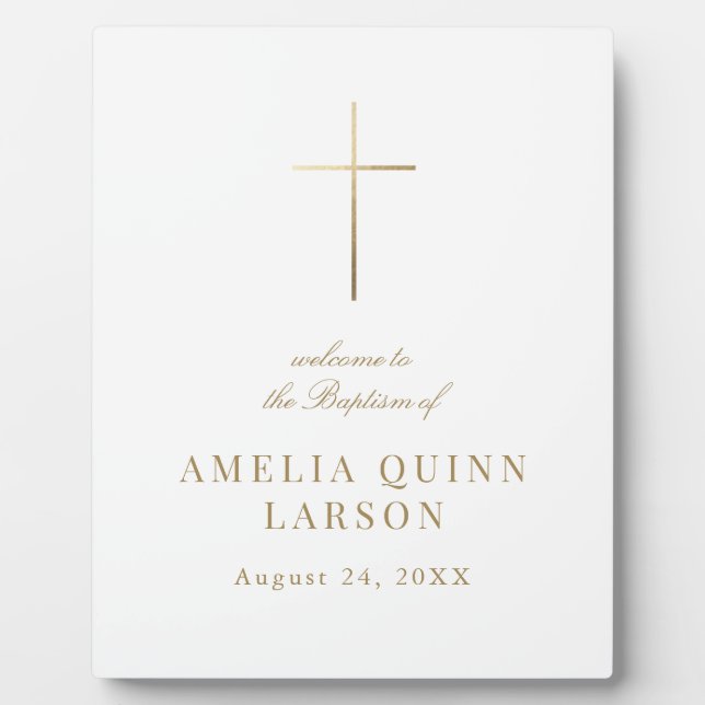 Elegant Gold Cross Baptism Christening Welcome Plaque (Front)