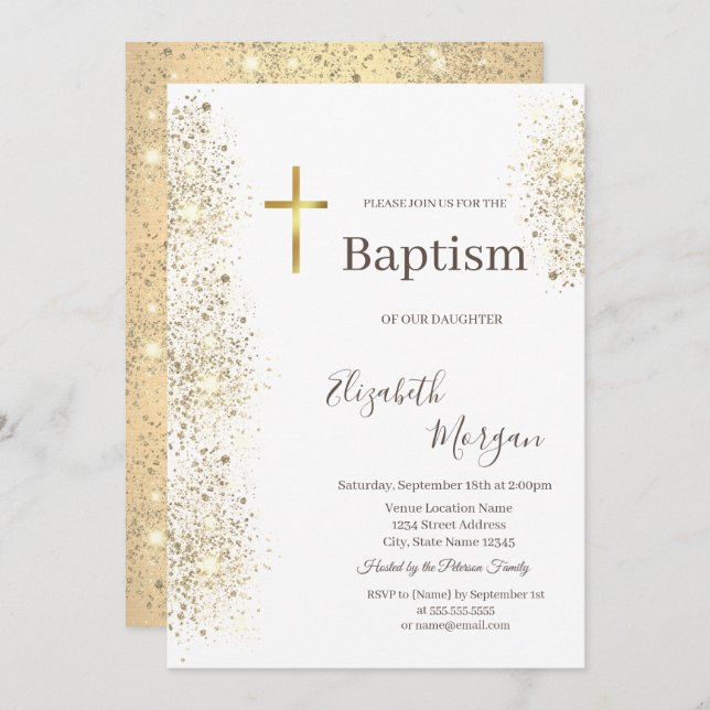 Elegant Gold Cross Baptism Gold Glitter Confetti Invitation (Front/Back)