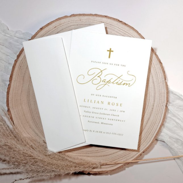Elegant Gold Cross Baptism Invitation (Personalized baptism invite with gold cross and elegant script, perfect for a timeless celebration.)