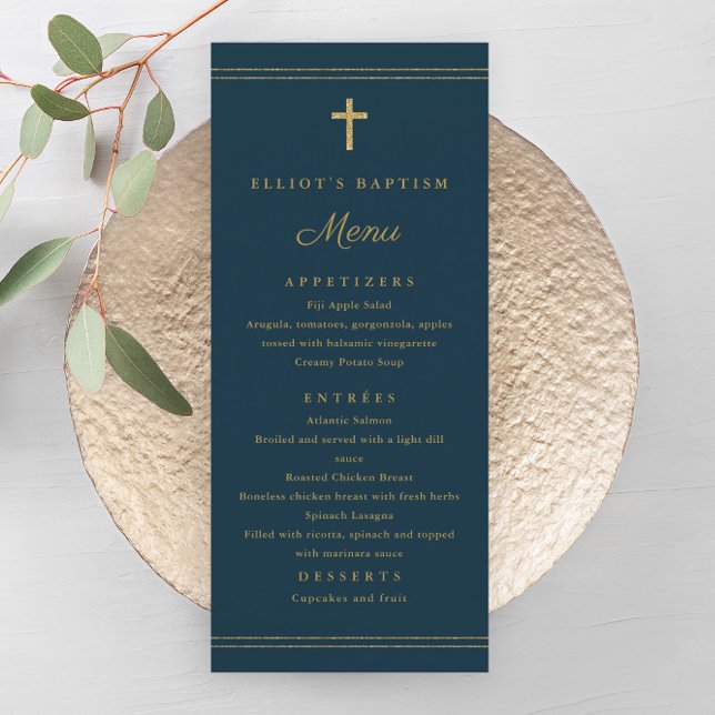 Elegant Gold Cross Baptism Menu (Elegant gold cross navy blue boys baptism menu.)