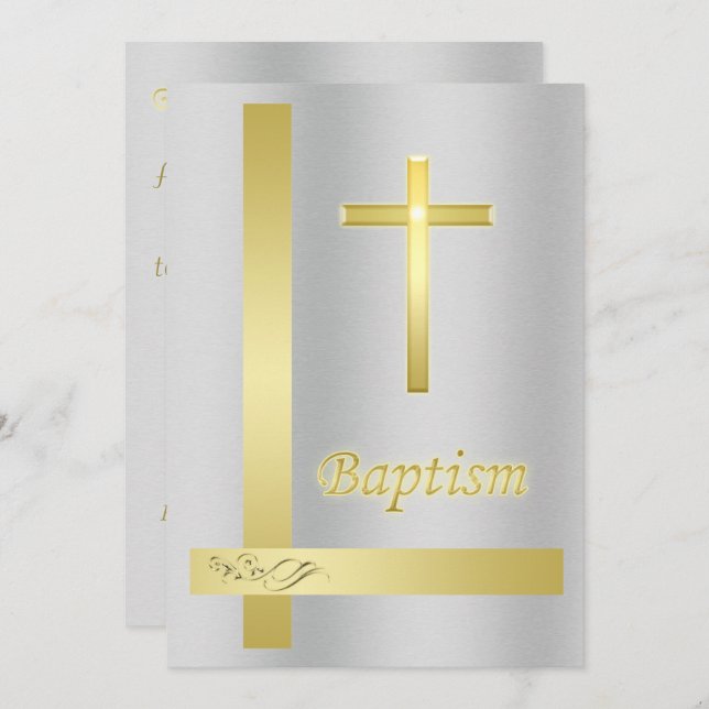 Elegant Gold Cross Baptism on metal background Invitation (Front/Back)