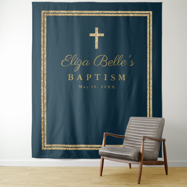 Elegant Gold Cross Baptism Photo Booth Backdrop Tapestry (In Situ)