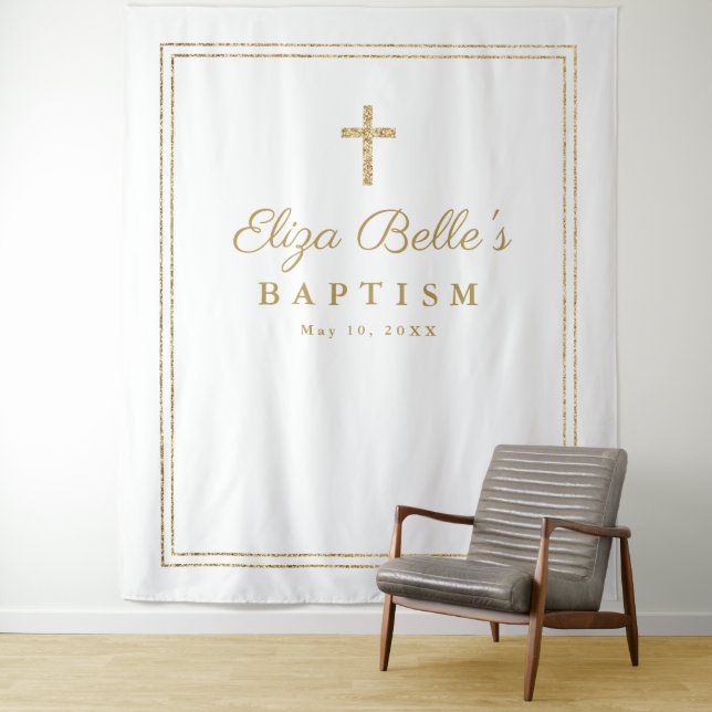 Elegant Gold Cross Baptism Photo Booth Backdrop Tapestry (In Situ)