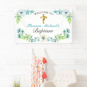 Elegant Gold Cross Baptism Reception Welcome Banner