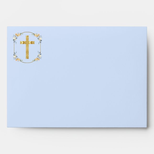 Elegant Gold Cross Blue Floral 1st Holy Communion Envelope (Front)