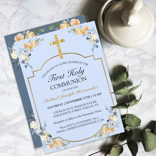 Elegant Gold Cross Blue Floral 1st Holy Communion Invitation (Creator Uploaded)