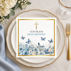 Elegant Gold Cross Blue Floral Baptism Napkin