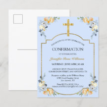 Elegant Gold Cross Blue Floral Confirmation Invita