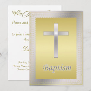 Elegant Gold Cross Border Baptism Christening Invitation