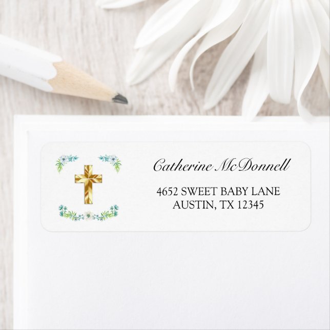 Elegant Gold Cross Boy Baptism Return Address Label (Insitu)