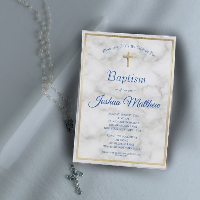 Elegant Gold Cross Boy Blue White Marble Baptism Invitation (Creator Uploaded)