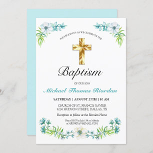 Elegant Gold Cross Boy's Blue Baptism Invitation