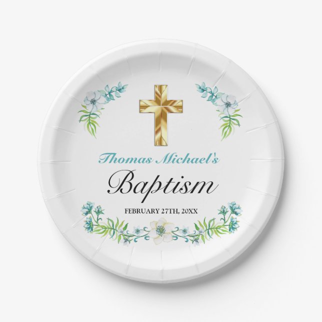 Elegant Gold Cross Boy's Blue Baptism Paper Plate (Front)