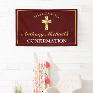 Elegant Gold Cross Burgundy Boys Confirmation Banner