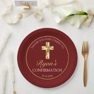 Elegant Gold Cross Burgundy Confirmation Reception Paper Plate