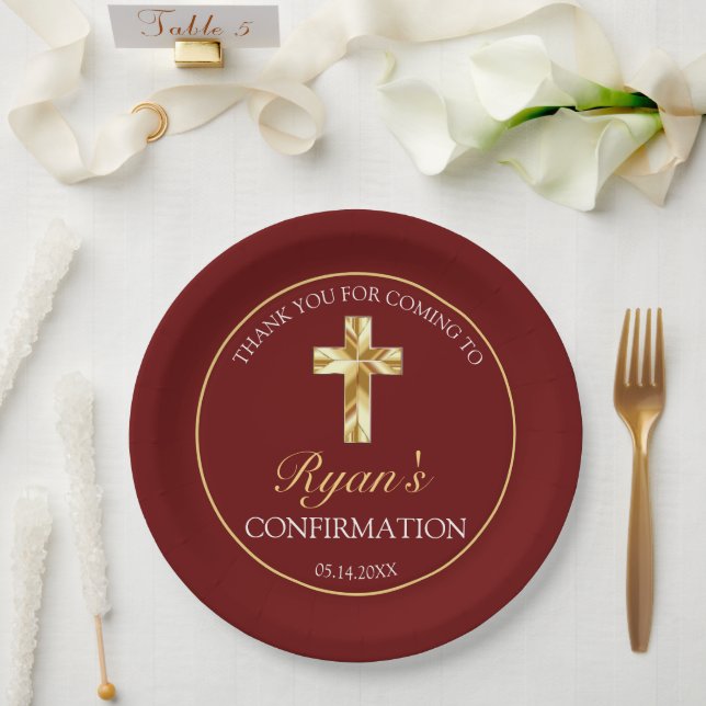 Elegant Gold Cross Burgundy Confirmation Reception Paper Plate (Wedding)