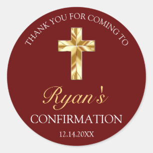 Elegant Gold Cross Burgundy Confirmation Thank You Classic Round Sticker