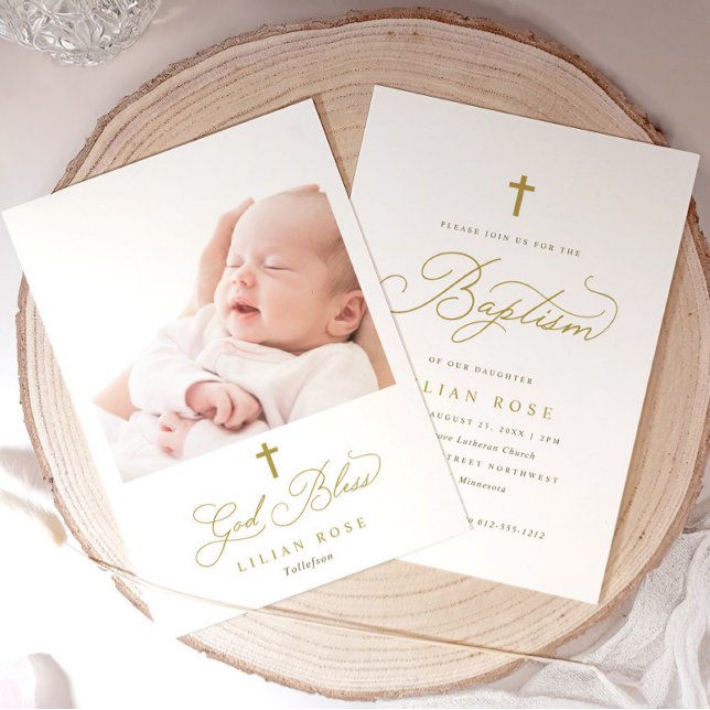 Elegant Gold Cross Calligraphy Photo Baptism Invitation (Elegant gold cross baptism invitation with “God Bless” script and baby photo on the back)