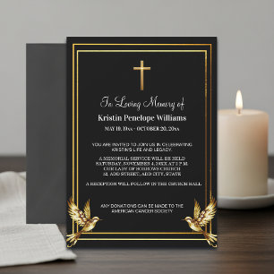 Elegant Gold Cross Celebration Of Life Funeral Invitation