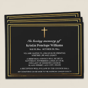 Elegant Gold Cross Celebration Of Life Funeral Invitation