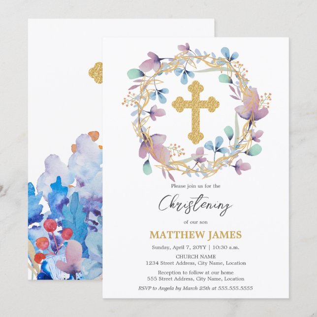 Elegant Gold Cross Christening Floral Invitation (Front/Back)