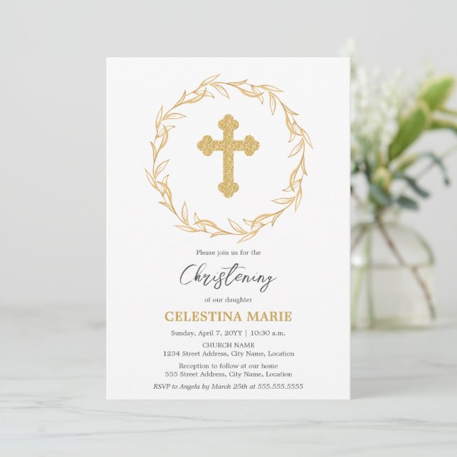 Elegant Gold Cross Christening Invitation (Standing Front)