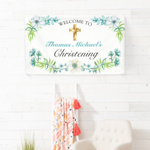 Elegant Gold Cross Christening Reception Welcome  Banner