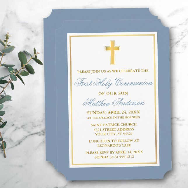 Elegant Gold Cross Dusty Blue First Communion Invitation (Customize to change text size, style, color or to add more text or photos to back of card.)