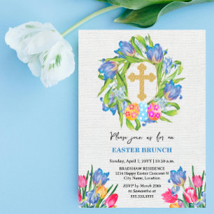 Elegant Gold Cross Easter Eggs Tulips Invitation