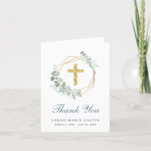 Elegant Gold Cross Eucalyptus Funeral Thank You Card