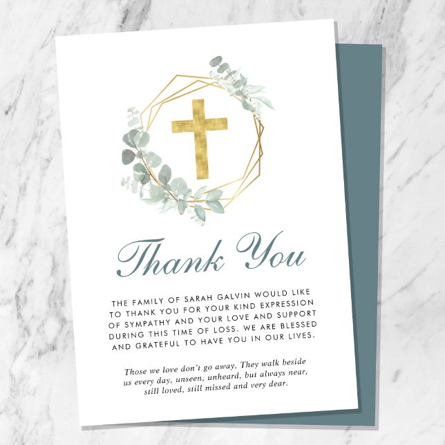 Elegant  Gold Cross Eucalyptus Funeral Thank You Card (Creator Uploaded)