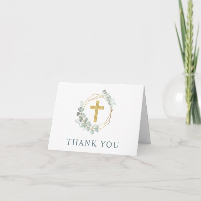 Elegant Gold Cross Eucalyptus Photo Baptism Thank You Card (Front)