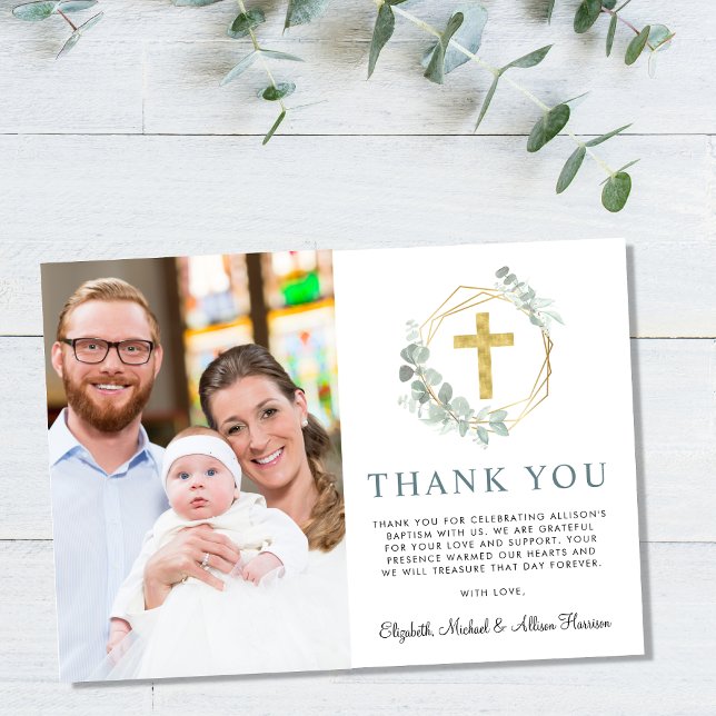 Elegant Gold Cross Eucalyptus Photo Baptism Thank You Card (Creator Uploaded)