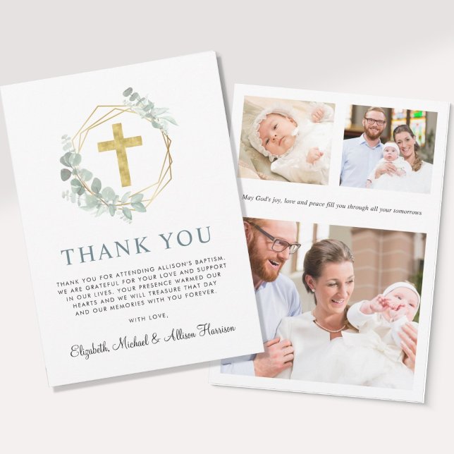 Elegant  Gold Cross Eucalyptus Photo Baptism Thank You Card (Creator Uploaded)