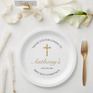 Elegant Gold Cross First Holy Communion Thank You Paper Plate