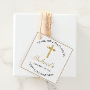 Elegant Gold Cross First Holy Communion White Favour Tags