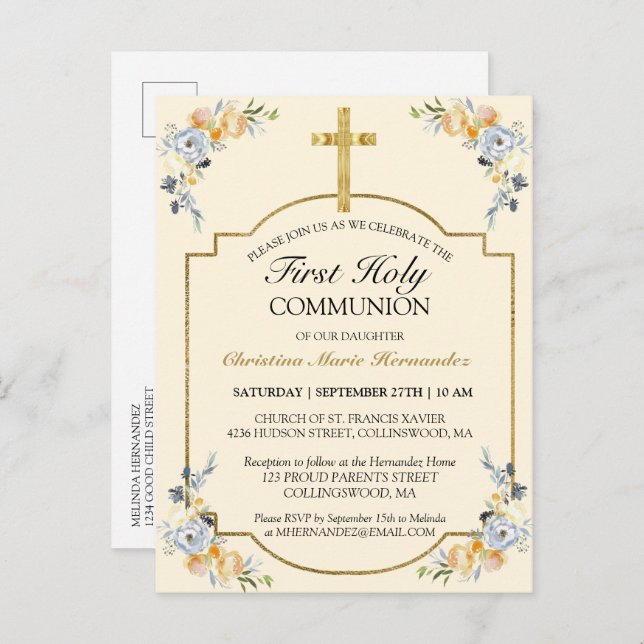 Elegant Gold Cross Floral 1st Holy Communion Invit Invitation Postcard (Front/Back)