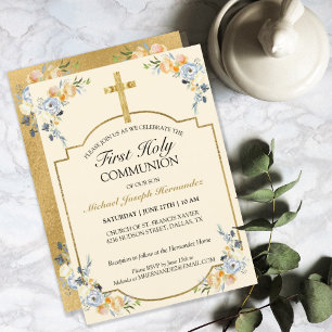 Elegant Gold Cross Floral 1st Holy Communion  Invitation
