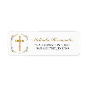 Elegant Gold Cross Floral 1st Holy Communion Return Address Label